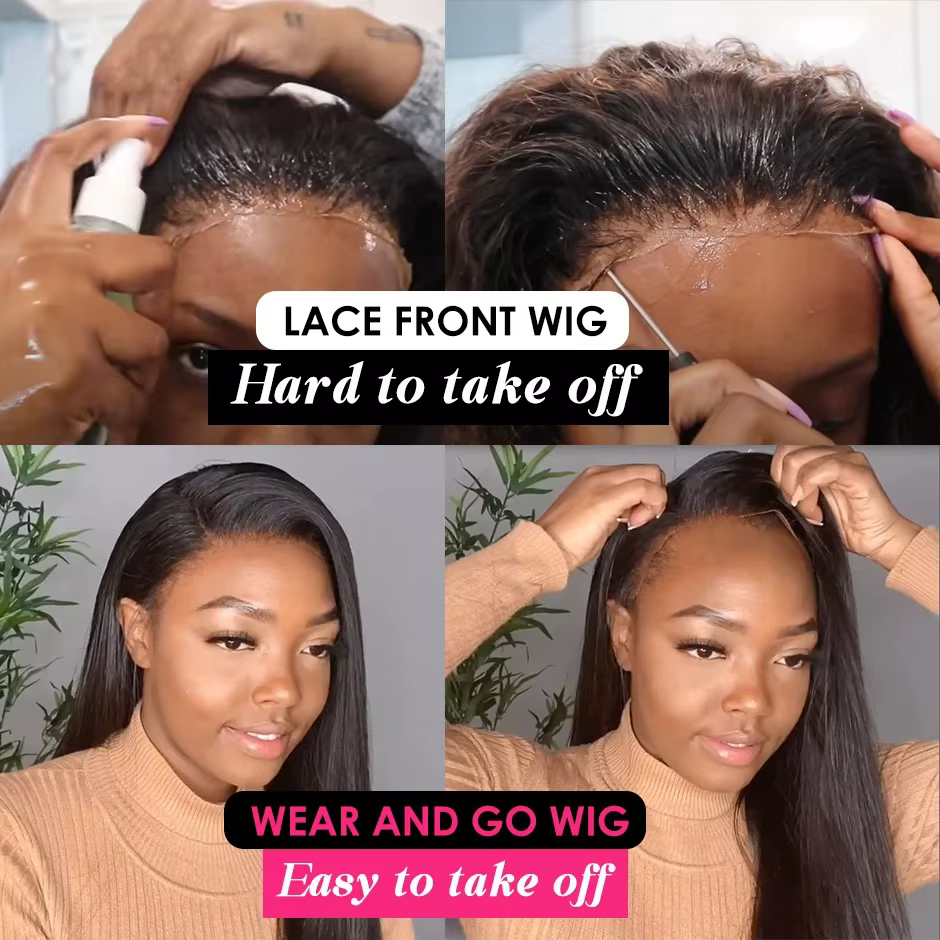 Wear & Go-Perruque brésilienne droite sans colle pour femme, cheveux humains pré-épilés, cheveux bli
