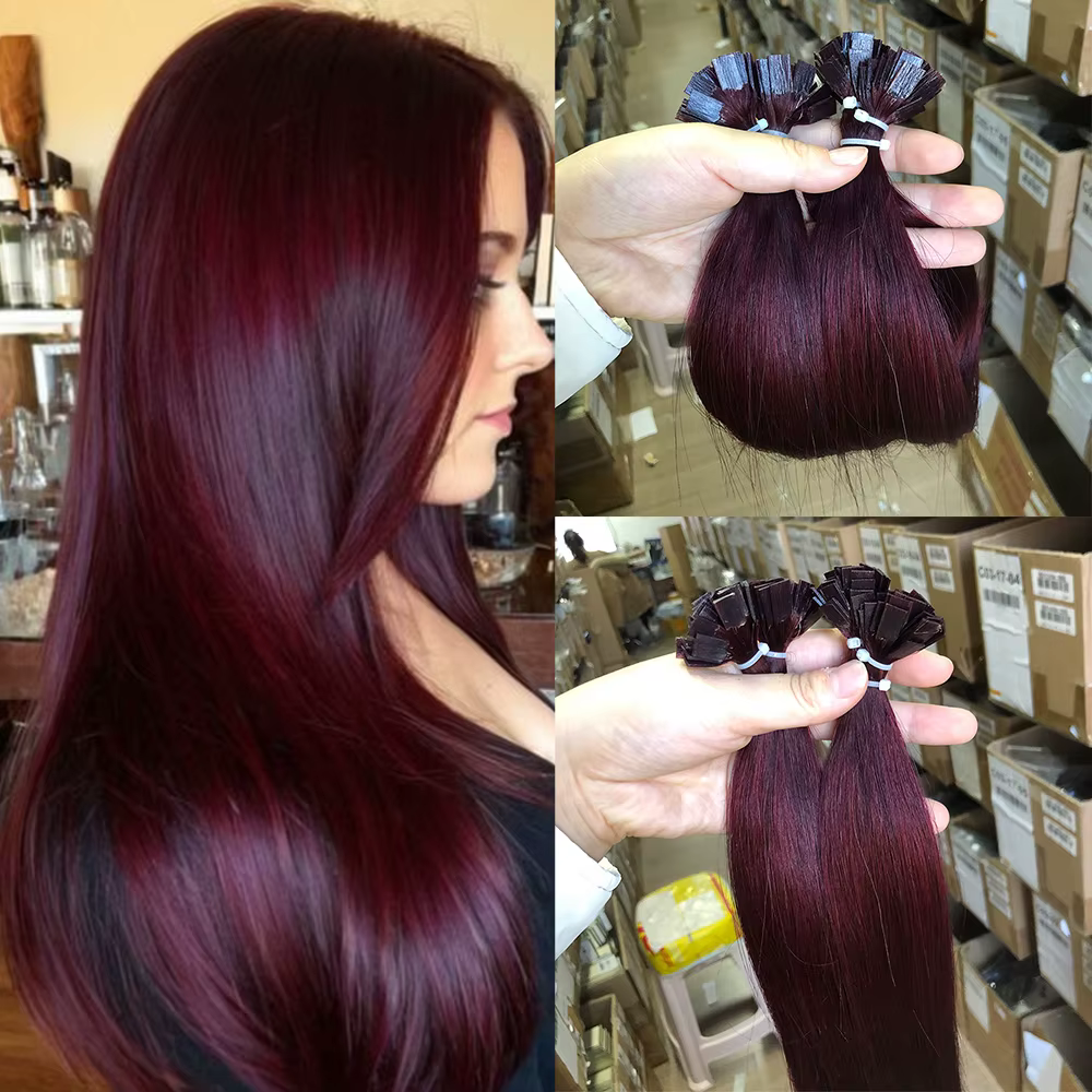 Extensions de cheveux à pointe plate cheveux humains Fushion Remy cheveux 50 pièces bordeaux droite 