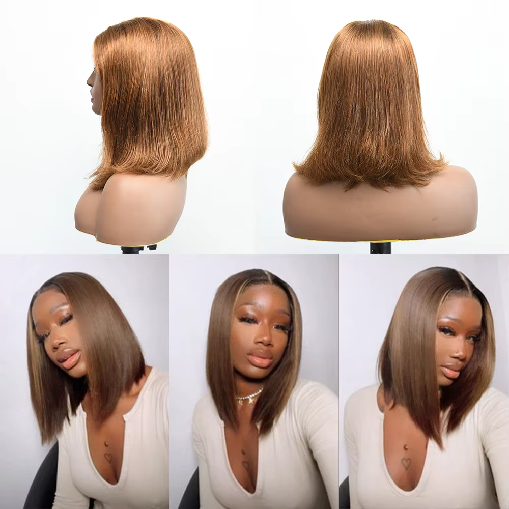 Perruque Bob Sans Colle Marron Chocolat Perruque Couleur 4# Bob 4x4 Perruques Cheveux Humains Sans C