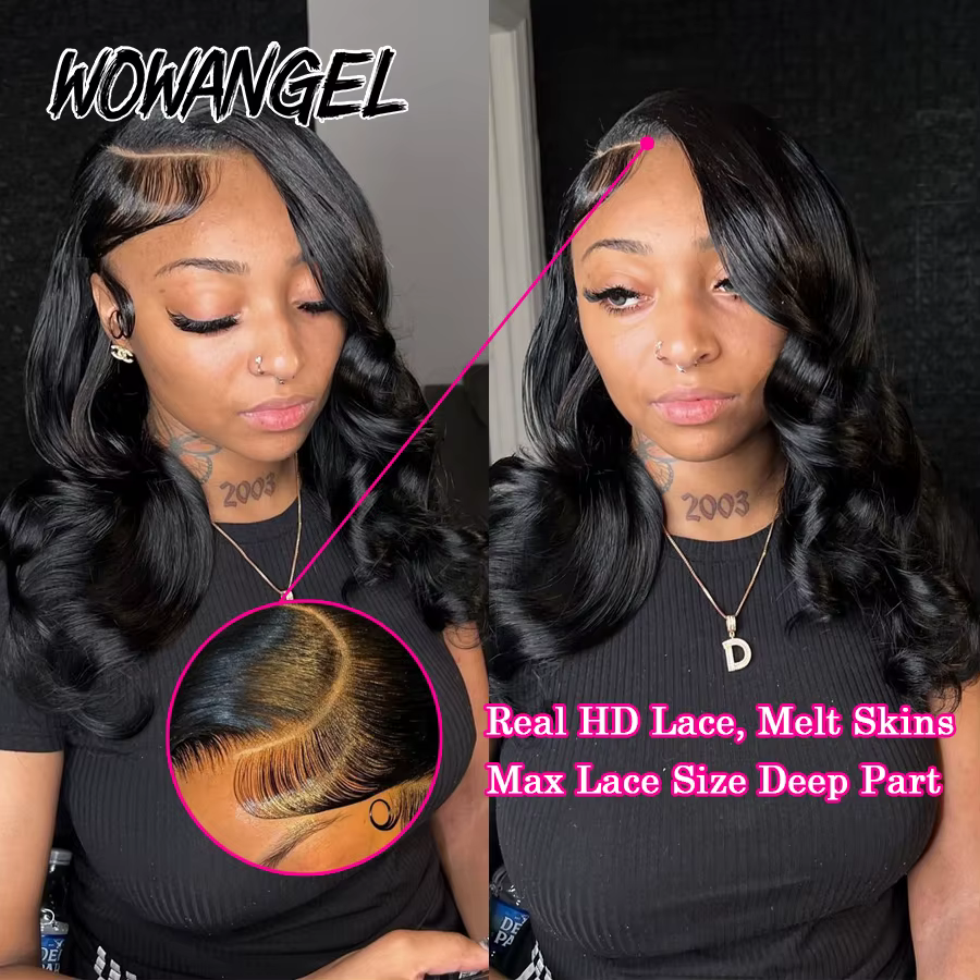 Perruques Lace Front HD 13x6 Wow Angel, Cheveux Humains Remy 250% Body Wave, Perruque à pose rapide 