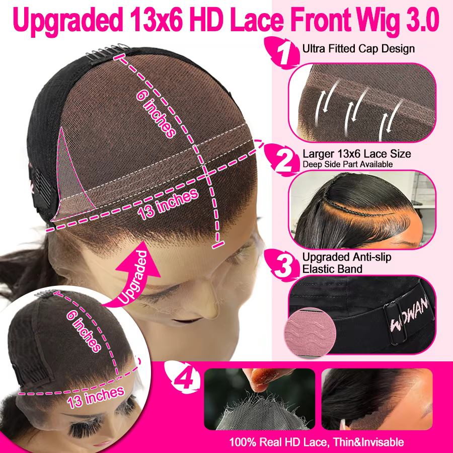 Perruques Lace Front HD 13x6 Wow Angel, Cheveux Humains Remy 250% Body Wave, Perruque à pose rapide 