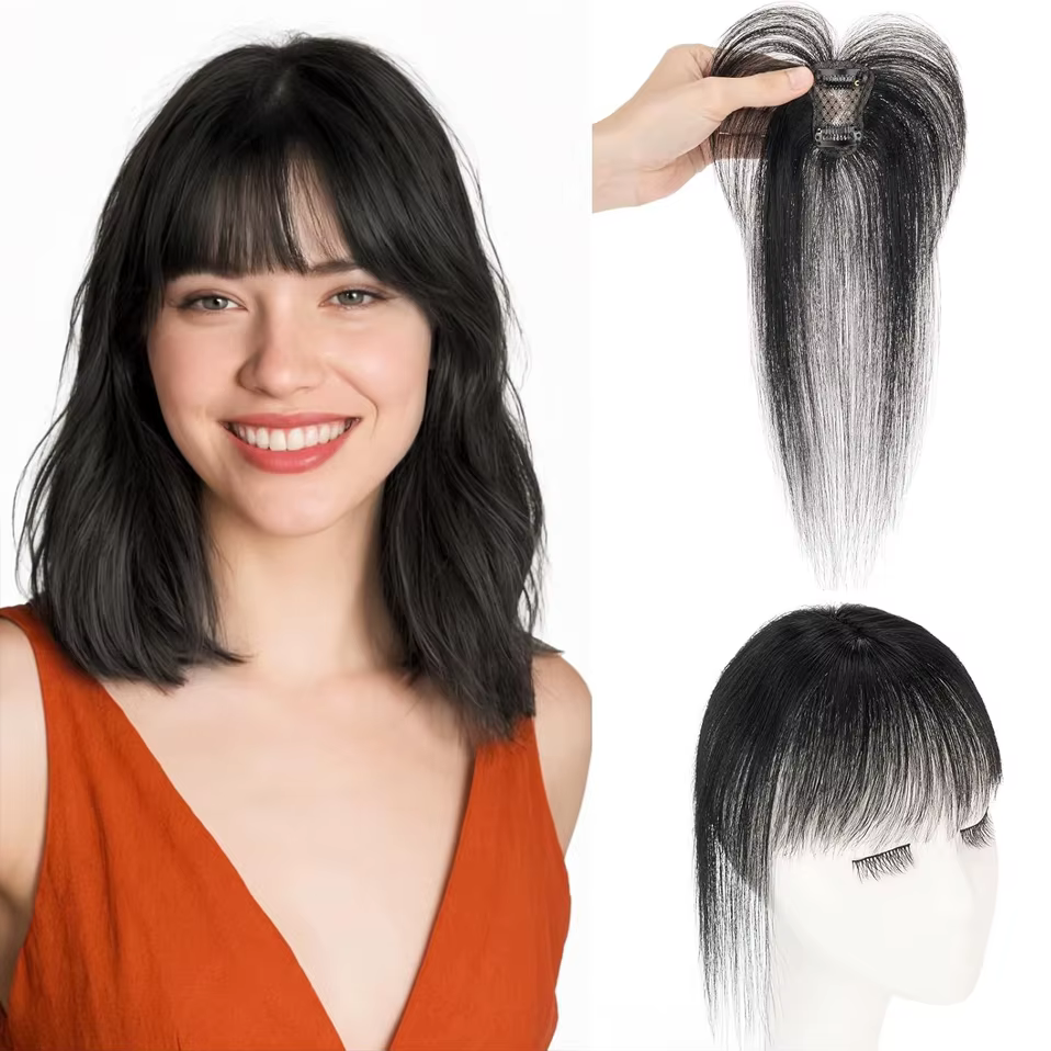 Clips en frange vrais cheveux humains 3D 360 ° Cover Air Bangs – postiches légères pour femmes, mé