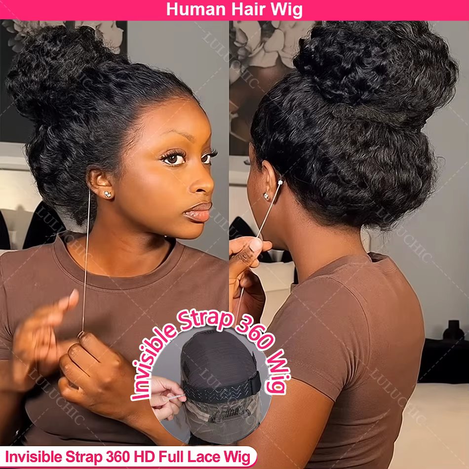 Invisi sangle vague bouclée profonde 360 Full Hd dentelle avant perruque de cheveux humains 200% pré