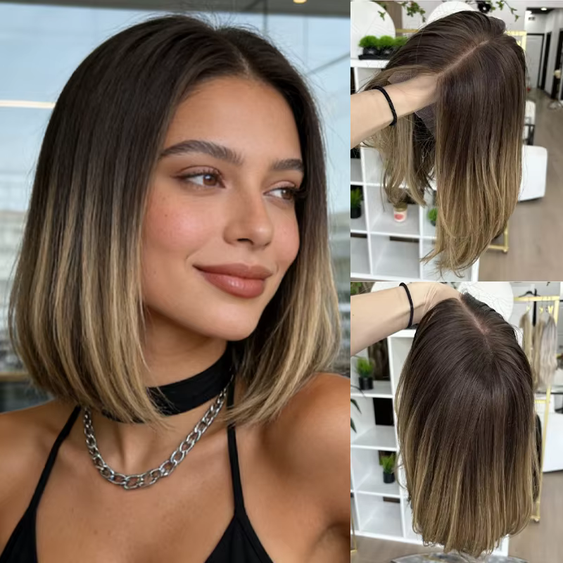 Perruque Bob transparente invisible, ombrée brun-blond avec racines foncées, perruque de fête, perru