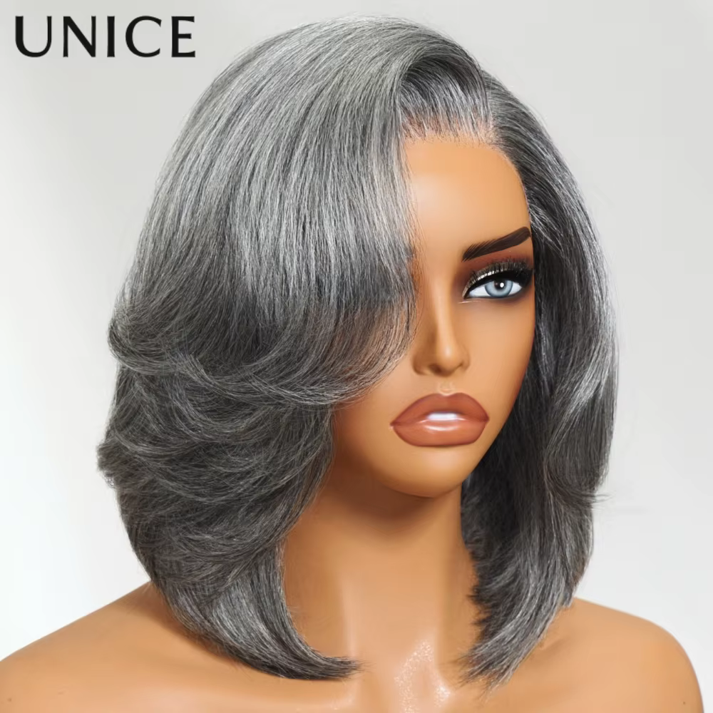 UNICE cheveux couches éclat sel et poivre sans colle perruque de cheveux humains pré-coupé 6.5x1.5 d