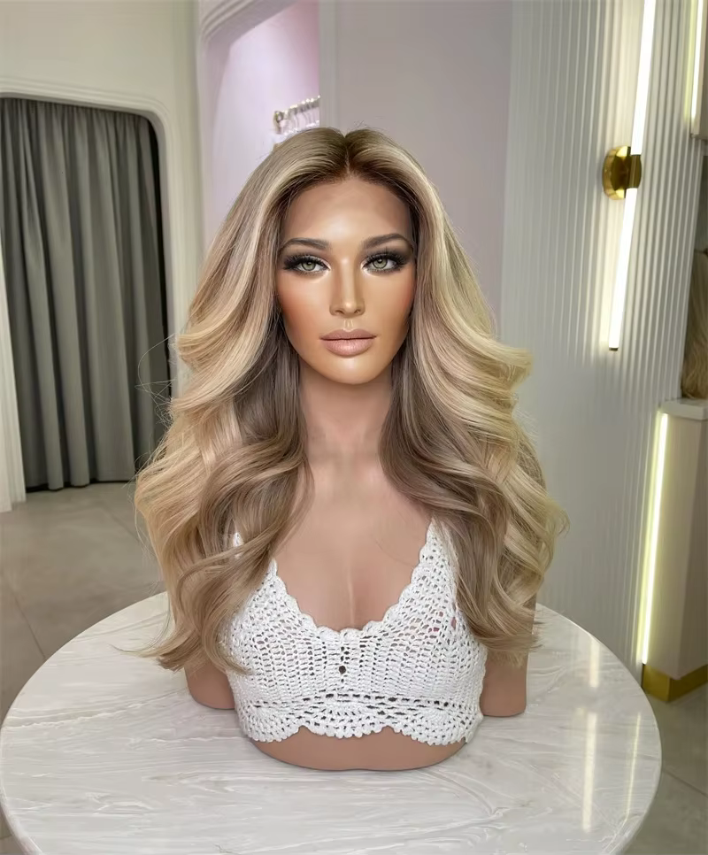 Perruque Lace Front Tendance avec Mèches Blond Miel Doré, Perruques Réalistes pour Femme, Cosplay, U