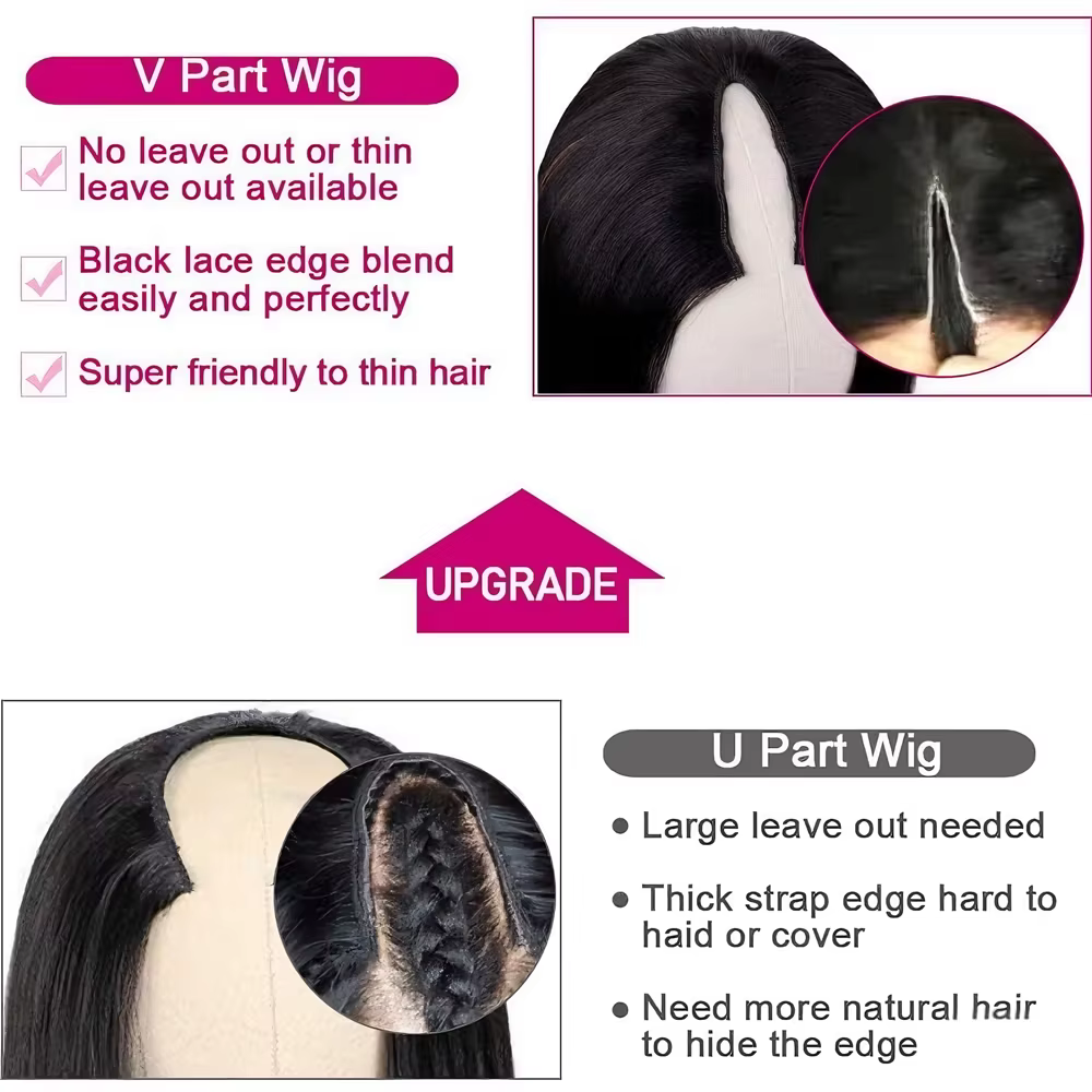 Perruques en cheveux humains lisses en forme de V, sans couture, sans colle, densité 220, noir natur