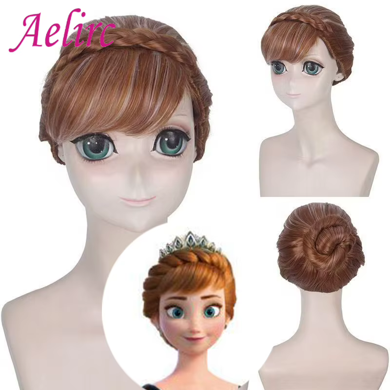 Perruque de cosplay Anna, perruque synthétique de princesse anime avec chignon, perruque mignonne po