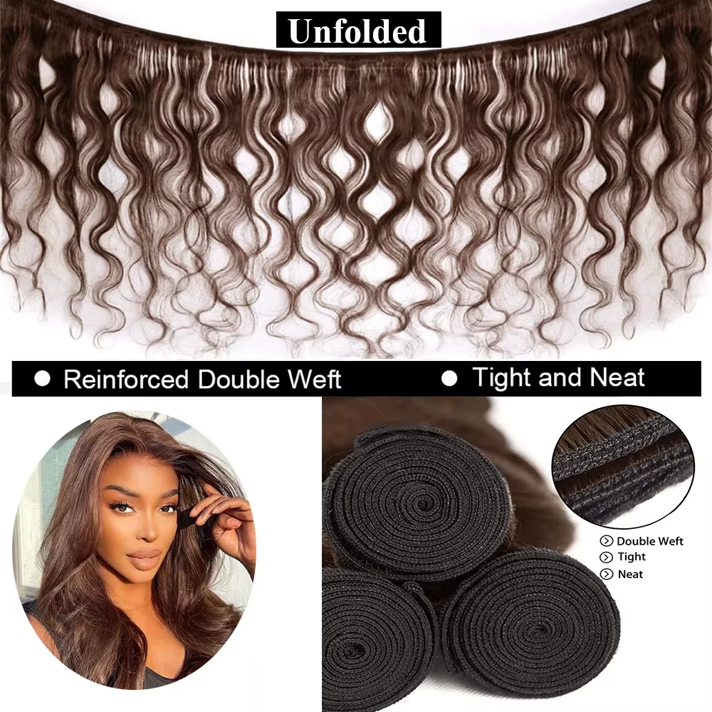Tissage en Lot Naturel Body Wave Brun Foncé avec Closure, Extensions de Cheveux, 13x4, #4