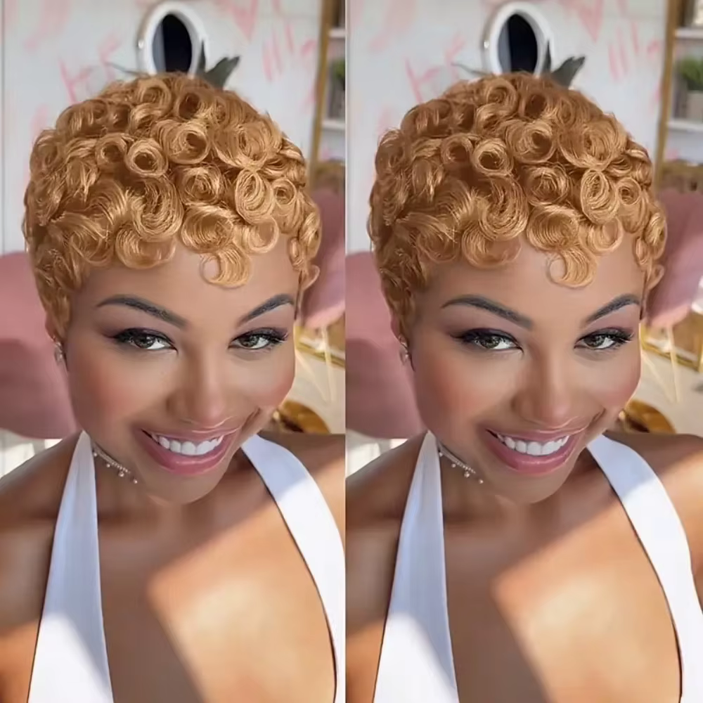 Perruque brésilienne Remy cheveux humains pleine Machine perruque bouclée coupe lutin perruque court
