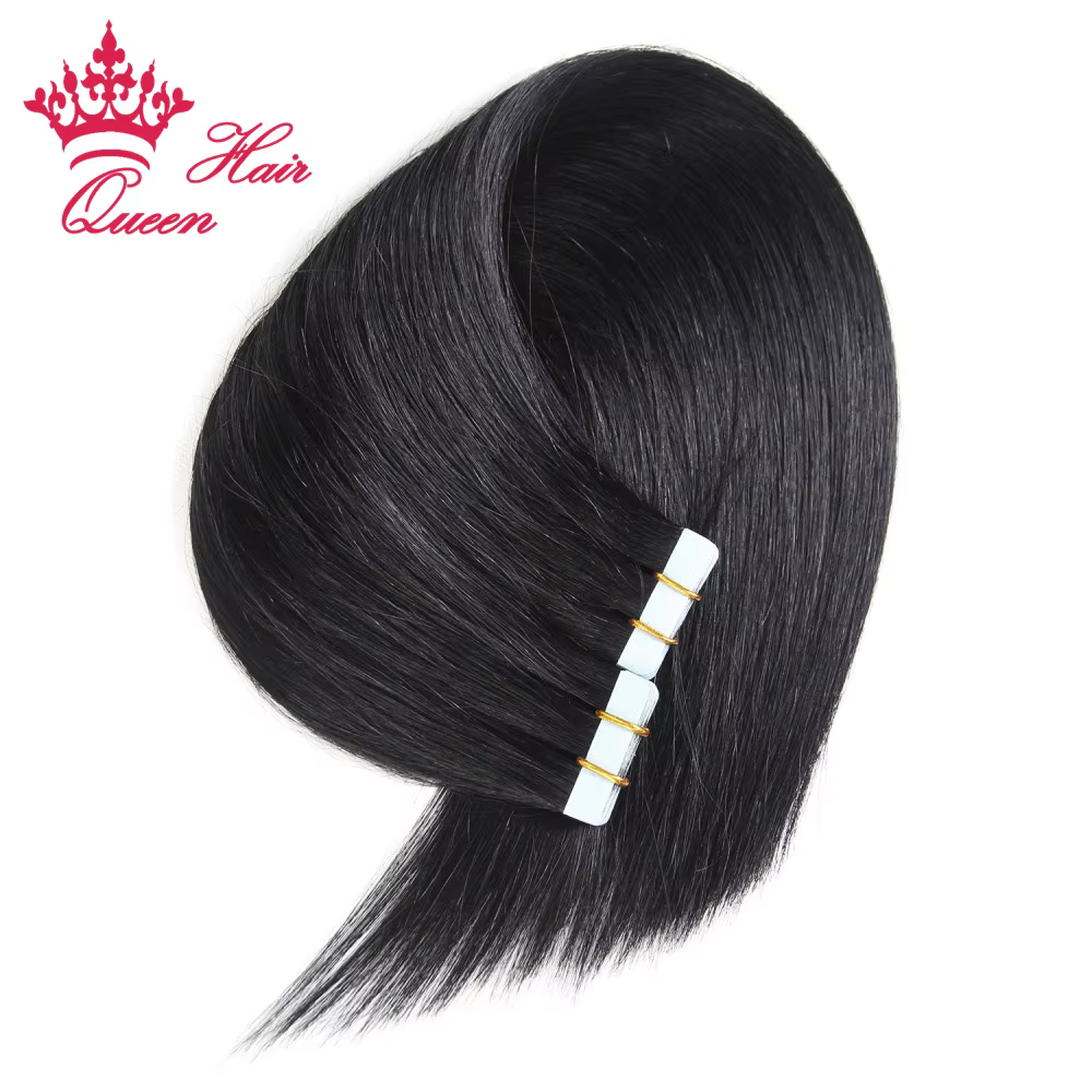 Queen Hair Official PU Tape In Hair Skin Weft Hand Tied PU Adhesives Raw Human Hair Extensions Invis