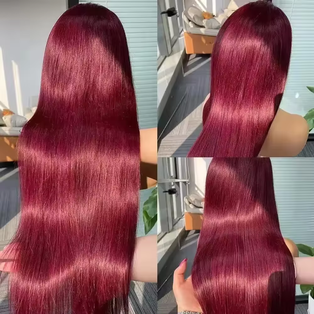 Perruques de cheveux humains lisses bordeaux 99J avec dentelle frontale 13x4 13x6 HD transparente, p