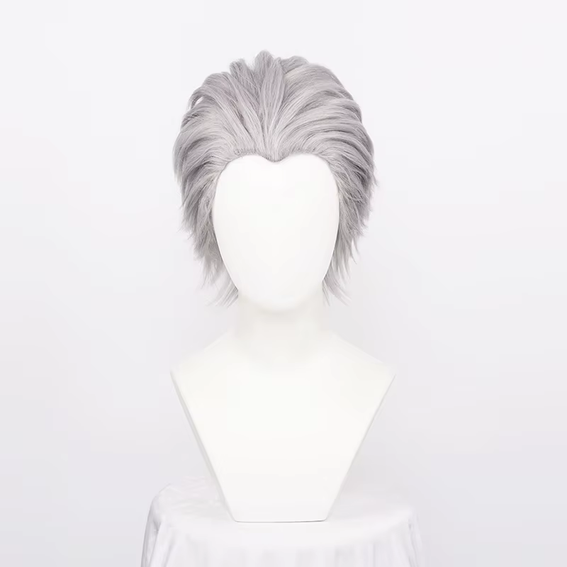 Perruque de Cosplay synthétique Vergil pour hommes, cheveux courts gris argenté, lisses au dos, rési