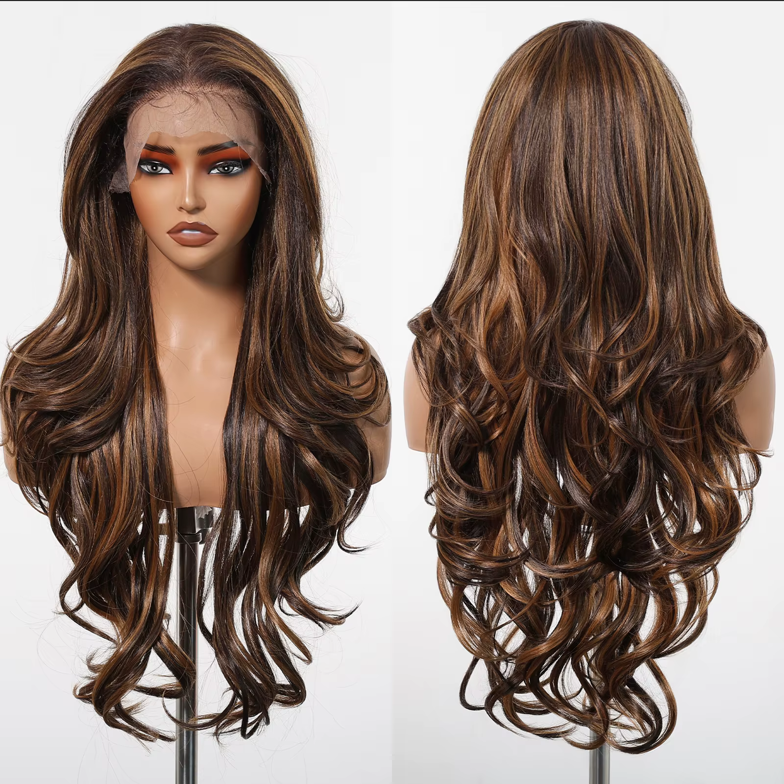 Perruque Lace Frontal Wig synthétique Afro Body Wave à reflets bruns et blonds, perruque Lace Fronta