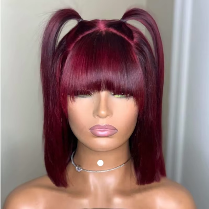 Perruque Bob droite 99J avec frange, cheveux humains entièrement fabriqués à la Machine, coupe émous