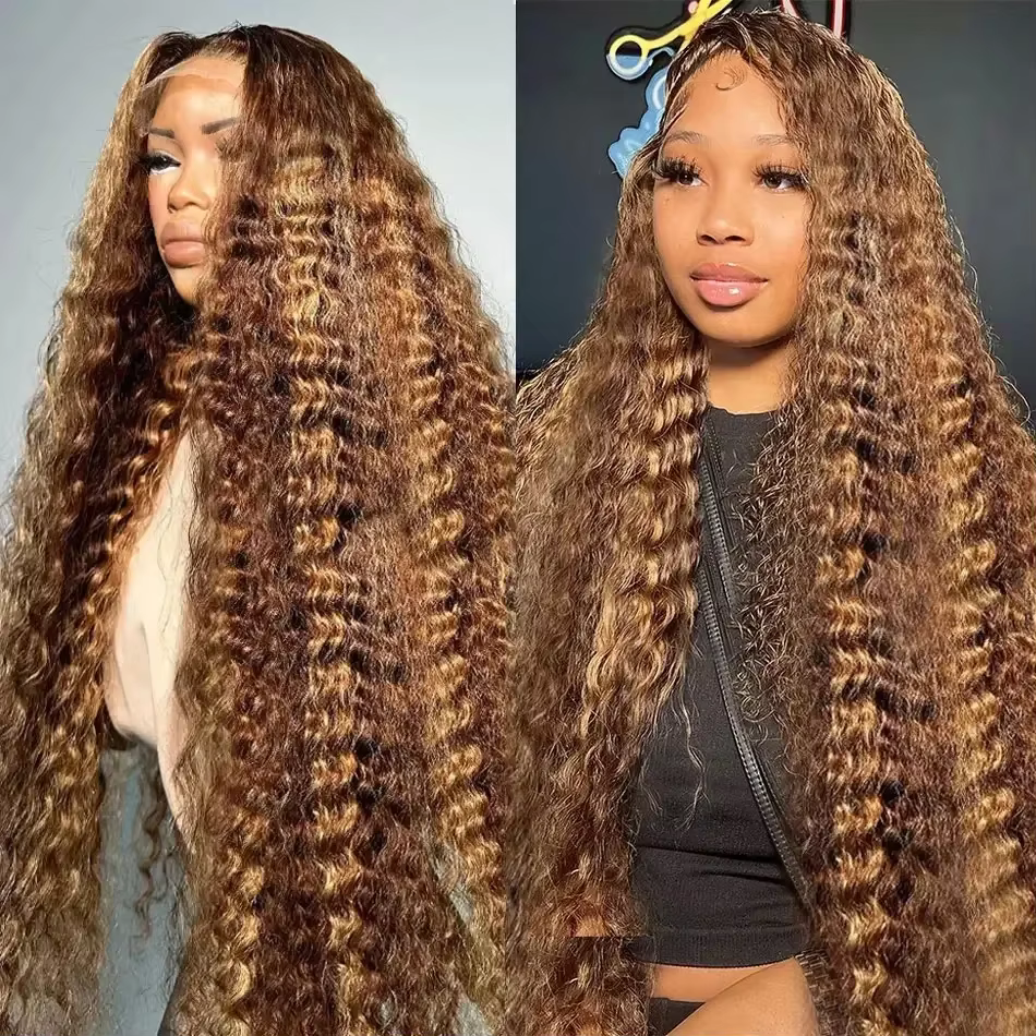 36 pouces bouclés mettre en évidence perruque cheveux humains 13x4 miel blond vague profonde femmes