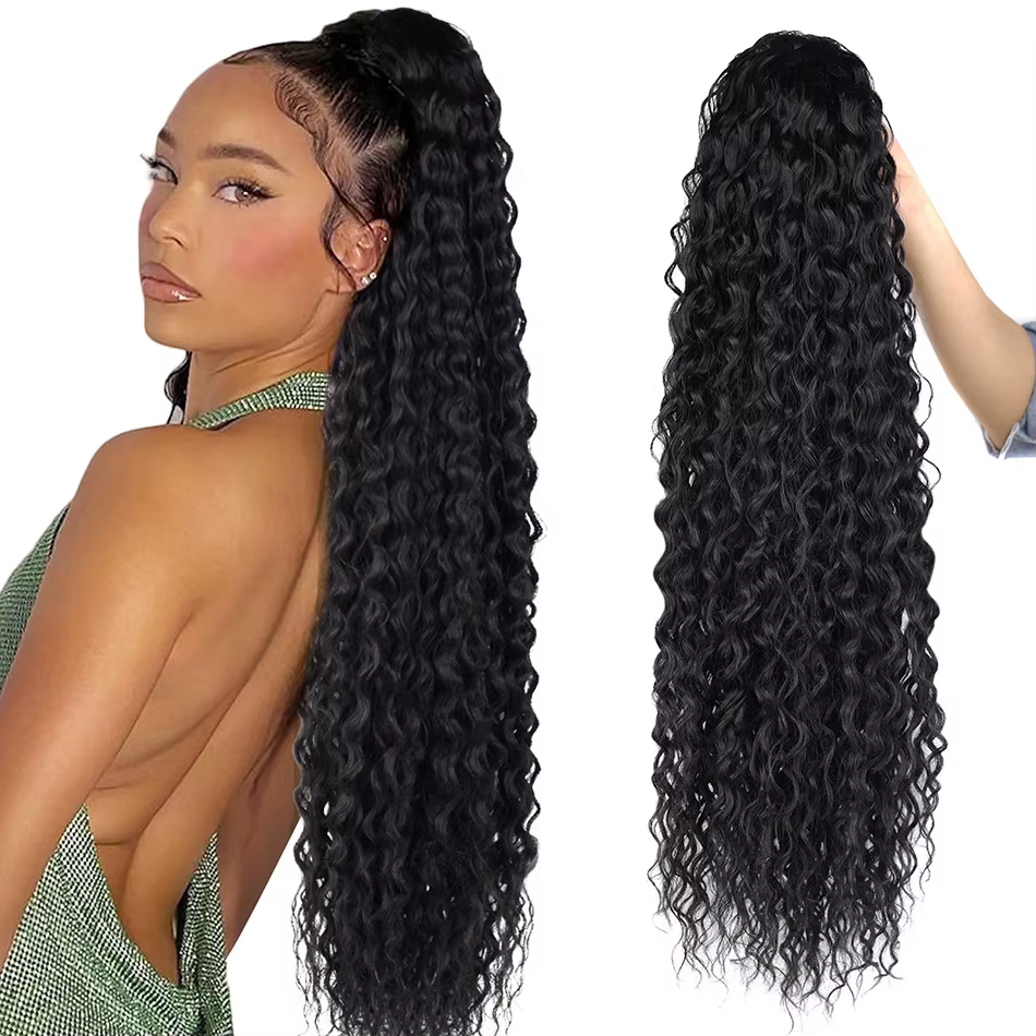 Extensions de faux cheveux synthétiques 30 pouces de Long crépus bouclés cordon queue de cheval pinc