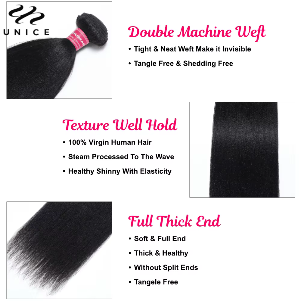 Unice Hair Yaki droit 3 paquets traiter couleur naturelle 100% paquets de cheveux humains coudre en 