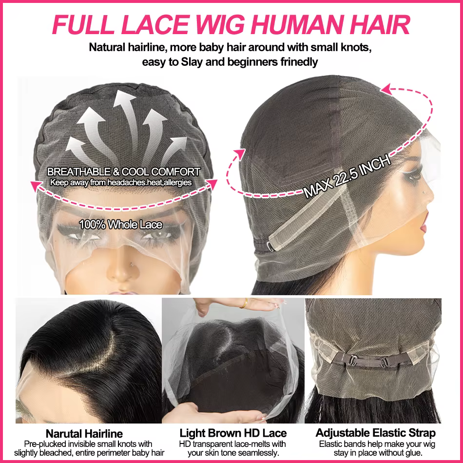 Perruque Lace Front Wig brésilienne lisse, cheveux lisses, Transparent HD, pre-plucked, Humen, pour 