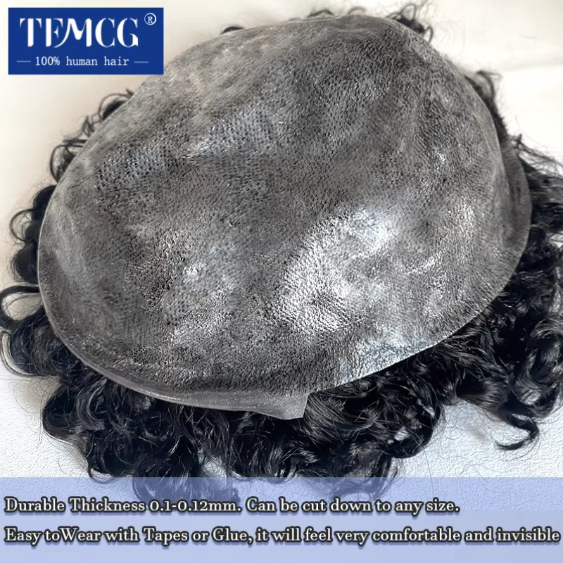 15MM bouclés mâle cheveux prothèse toupet hommes 100% indien cheveux humains confortable peau Base p