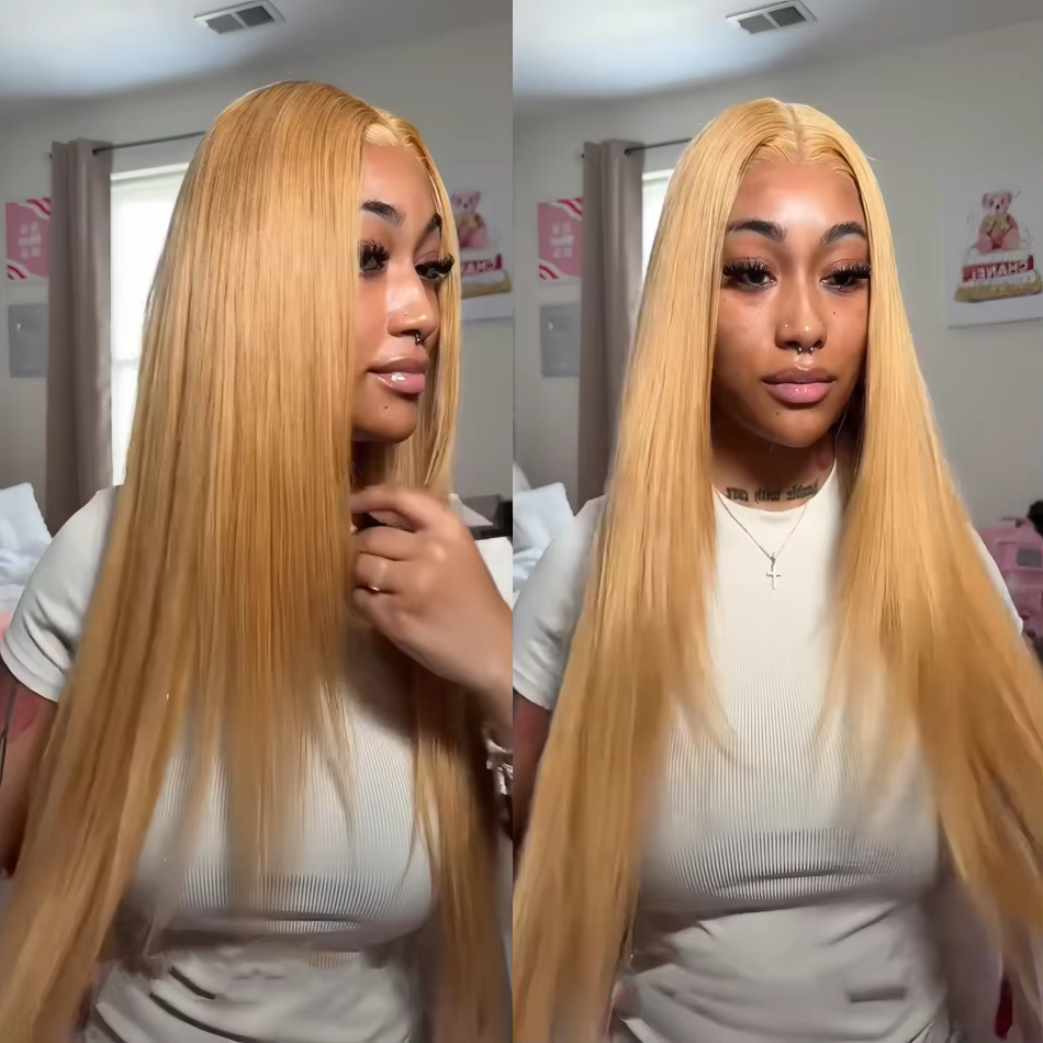 Perruque de cheveux humains avant en dentelle blond miel 13x6 droite # Perruque frontale en dentelle