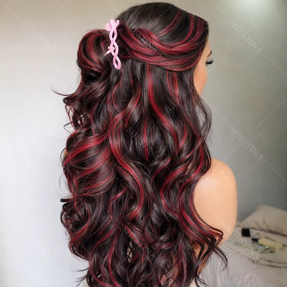 Perruque 1B/99J Highlight en cheveux humains, 13x4 HD Body Wave Lace Frontal, colorée rouge et noir,