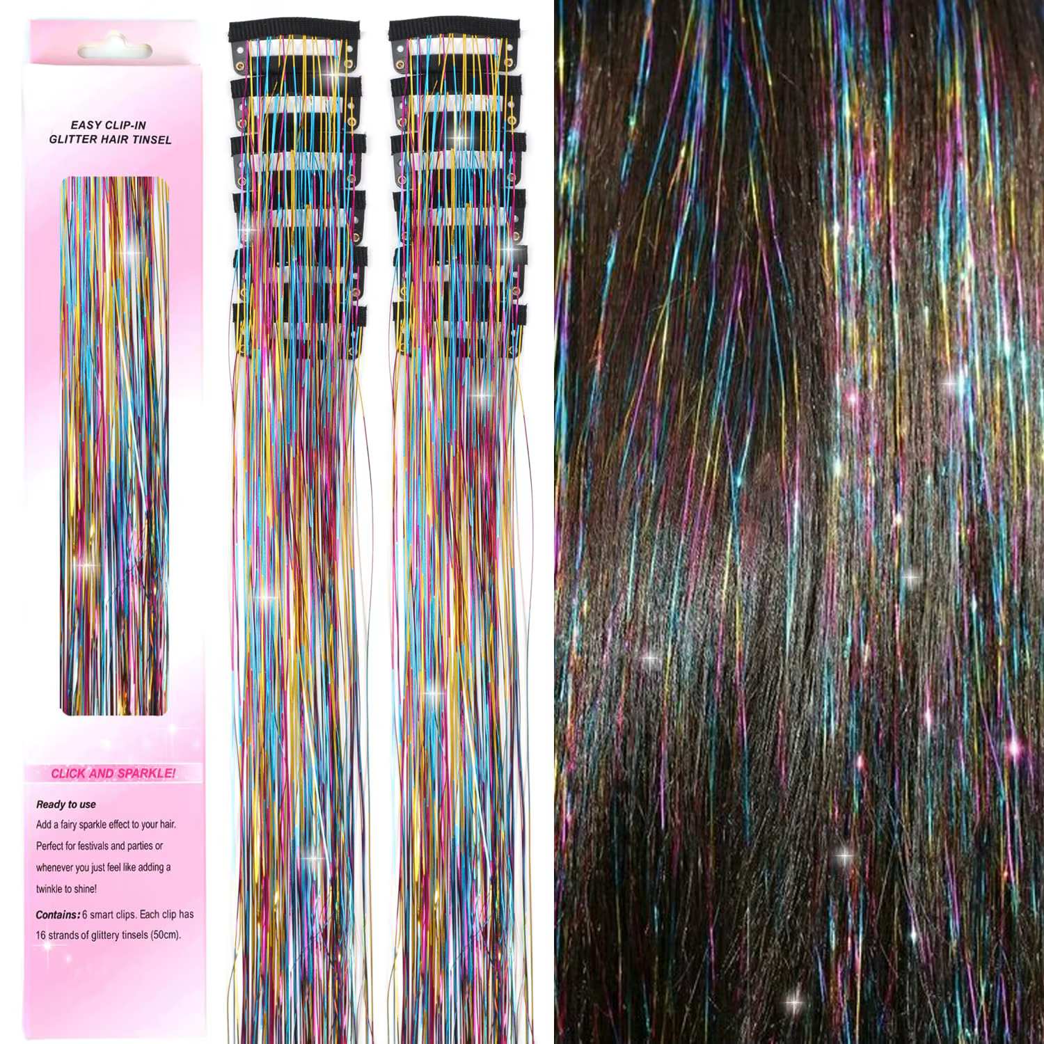 12 pièces pince à cheveux en 19.6 pouces paillettes guirlandes Extensions de cheveux pince dans le K