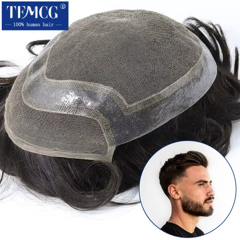 Hollywood toupet hommes perruques respirant dentelle suisse & Pu 100% cheveux humains naturels mâle 