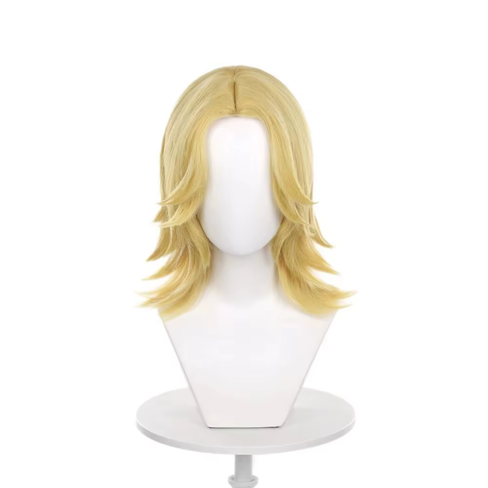 Perruque mi-longue blond doré clair avec couches latérales douces et pointes aériennes, en fibre syn