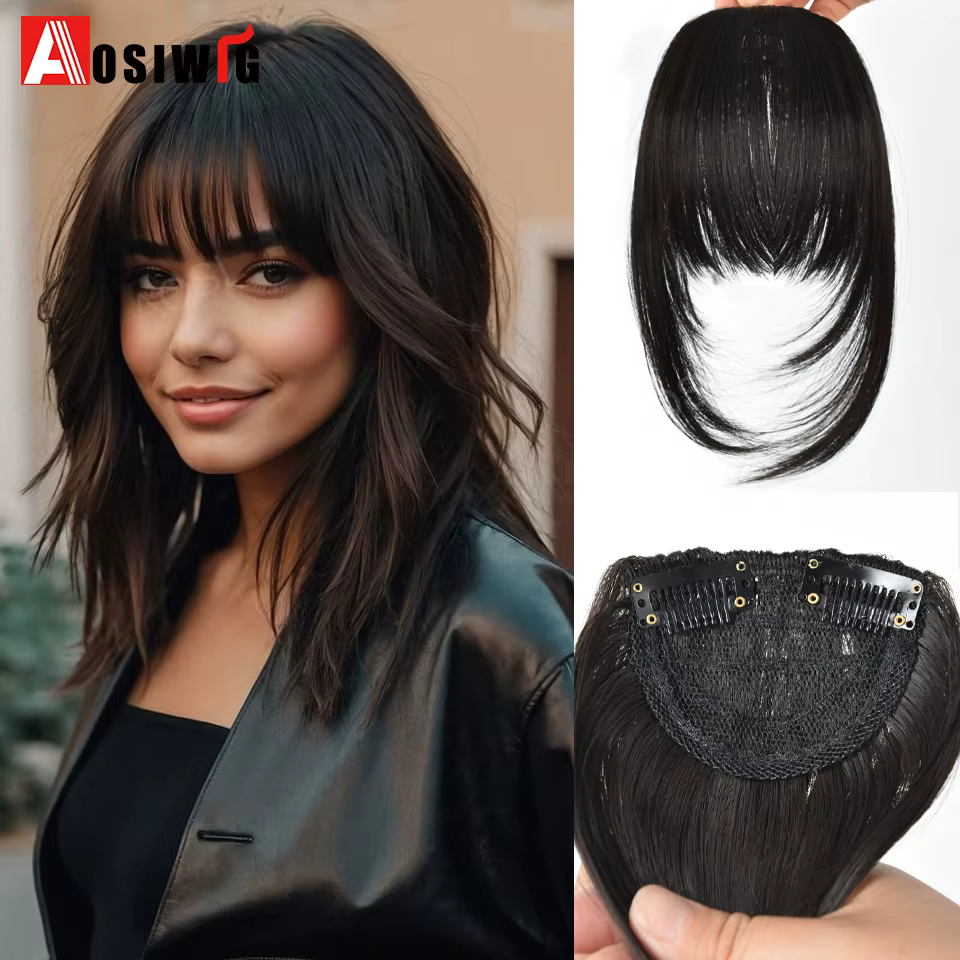 Extension Capillaire Synthétique Courte et Lisse avec Frange pour Femme, Bandeau de Sauna en Strass,
