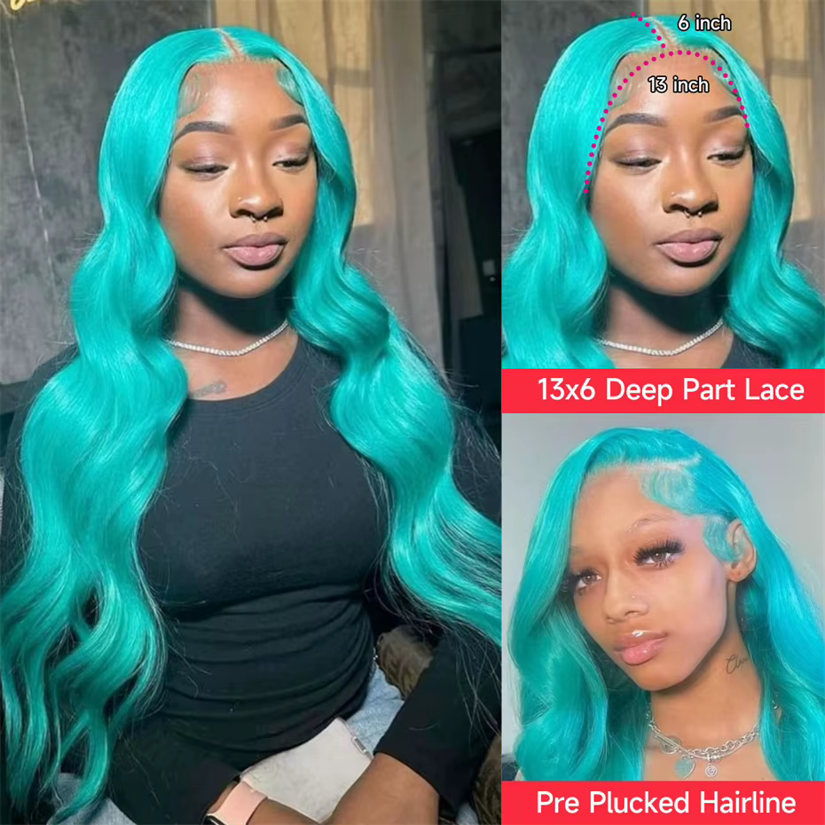 Perruques de cheveux humains bleu cyan 13x6 pour femmes, perruque frontale en dentelle verte menthe 