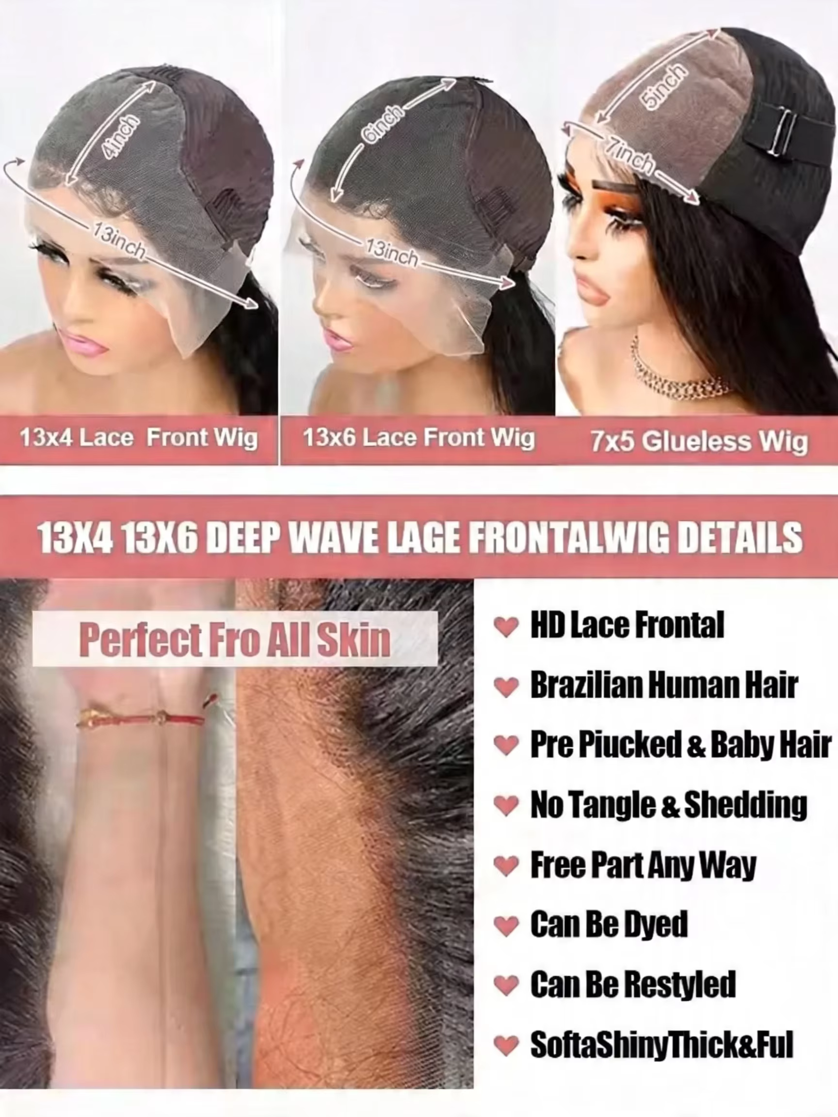 Perruque Lace Front Wig brésilienne naturelle, cheveux humains, Deep Wave, 13x6, HD, densité 300%, b