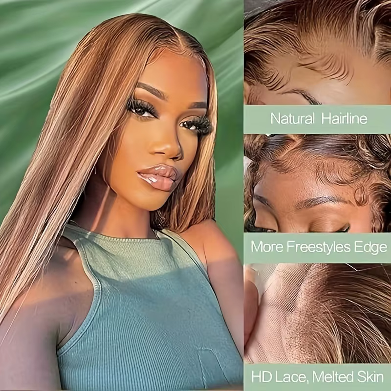 Perruque frontale Dialola P4/27 Highlight Honey Blonde, pré-épilée, colorée, lisse, avec dentelle HD