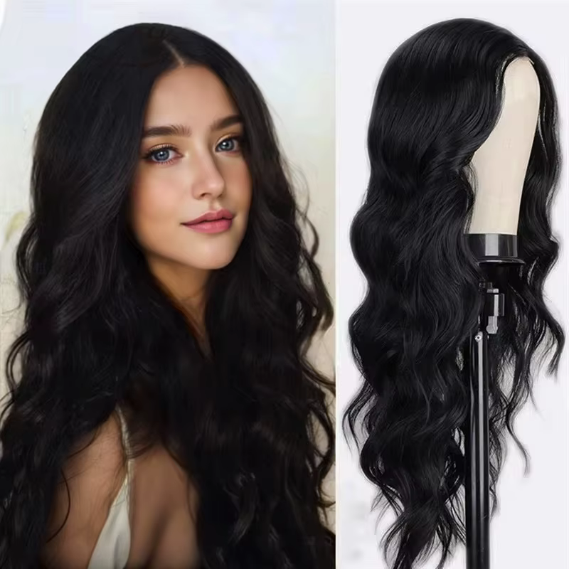 Perruque synthétique longue durée de couleur noire