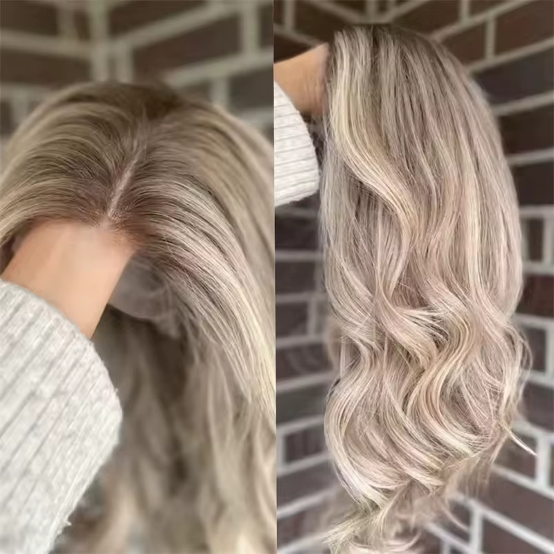 Perruque Lace Front Wig synthétique transparente Invisible, blond platine ombré avec racines foncées