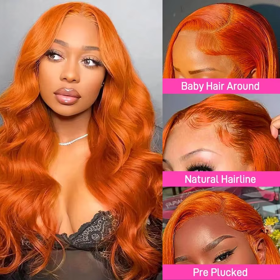 Perruques frontales en dentelle HD 13x6 Body Wave Ginger Orange, cheveux humains brésiliens # 350 pe