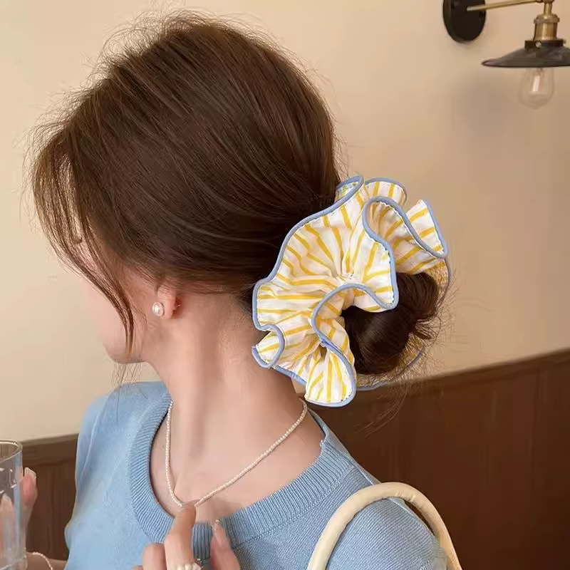 Anneau de cheveux rayé jaune pour femme, chouchou coréen haut de gamme, accessoires pour cheveux