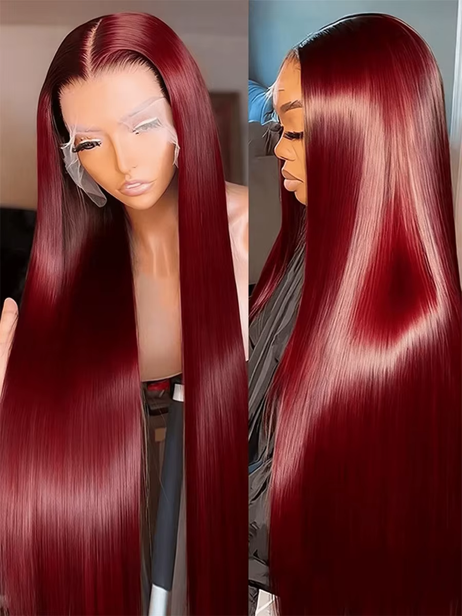 Perruque Lace Front Rouge Bourgogne 99J 13x4 avec Dentelle Transparente, Cheveux Humains Brésiliens