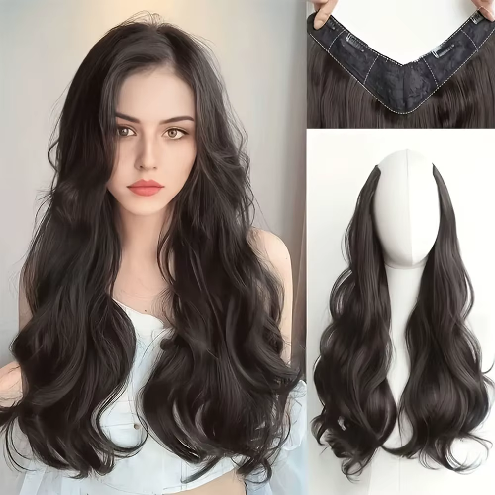Extension de cheveux synthétiques longs et bouclés de 20 pouces, 4 clips en forme de V, postiche bru