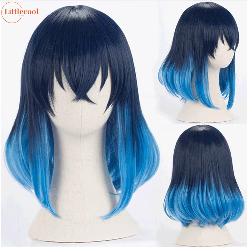 Perruque de Cosplay Hashibira Inosuke de haute qualité 70 cm longue ligne droite Ombre bleu résistan