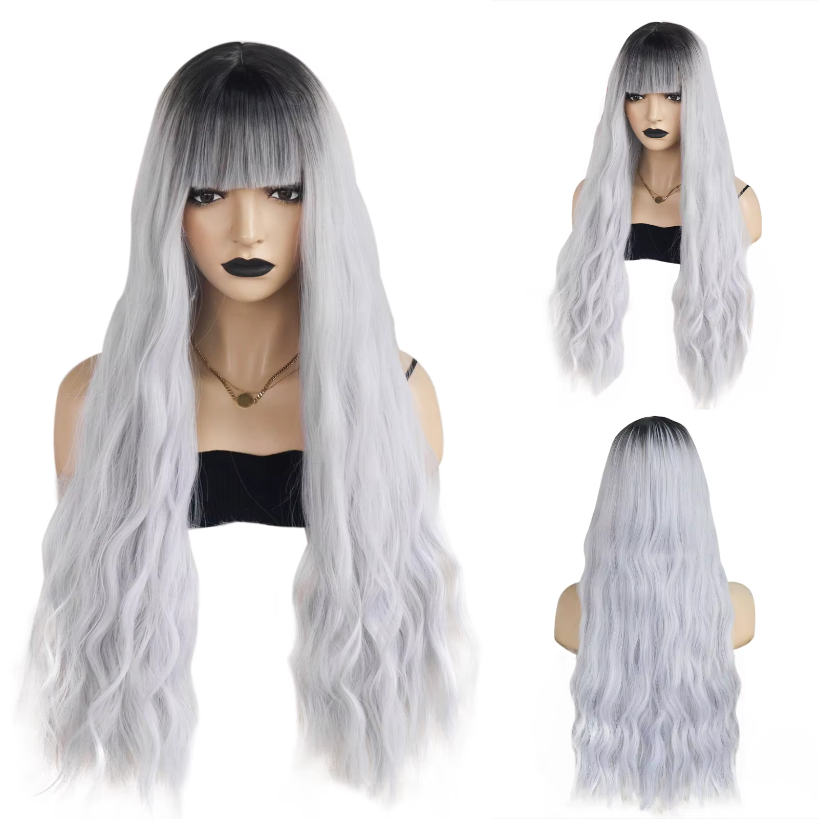 Perruque synthétique ombrée noir-gris avec frange, cheveux longs ondulés résistants à la chaleur pou