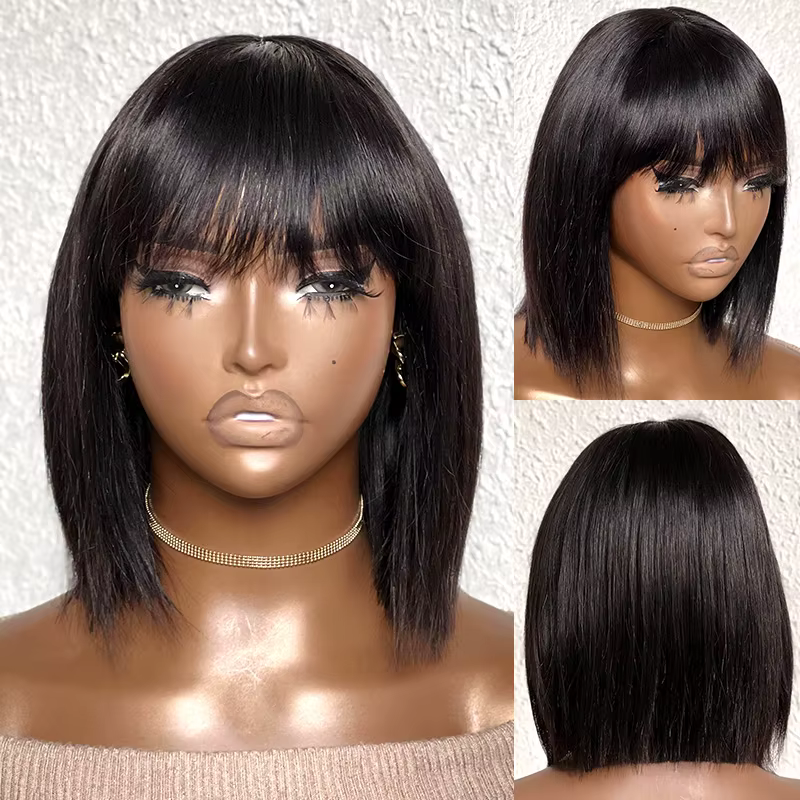 Perruques Lace Bob en cheveux humains lisses Dialola avec frange, raie au milieu, effet cuir chevelu
