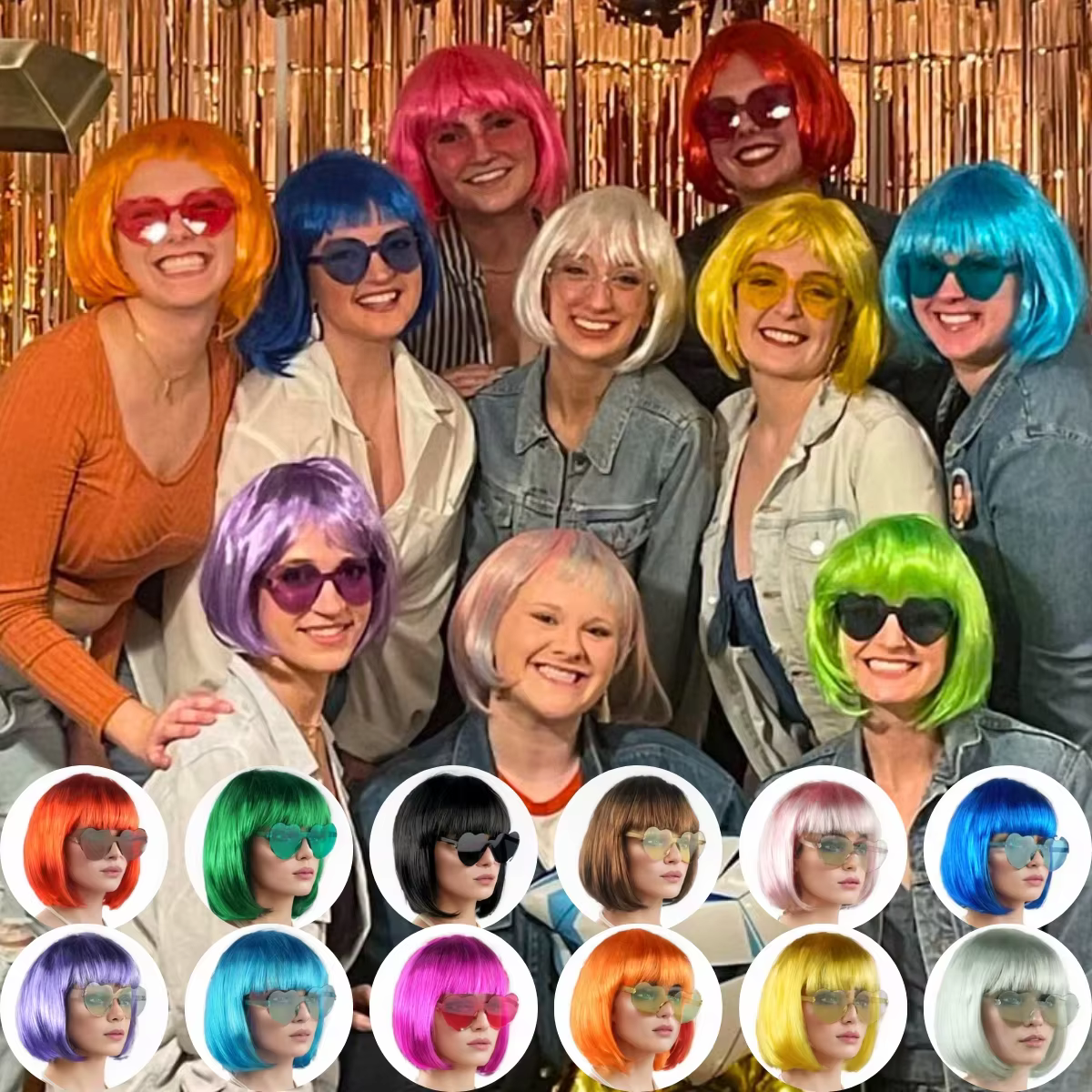 Perruque Bobo courte colorée en Fiber synthétique, néon, pour fête amusante, Halloween, poisson d'av