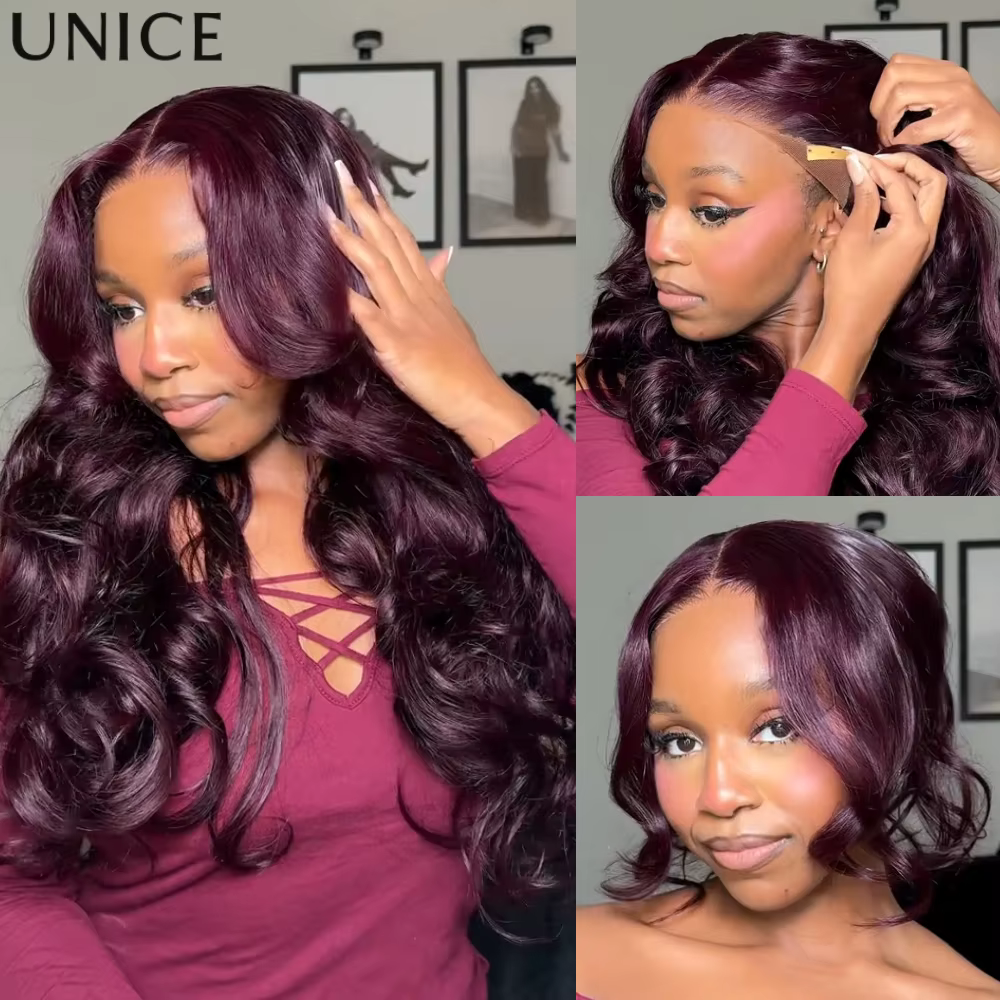 UNICE cheveux noir cerise couches coupe vague lâche perruque 7x5 13x4 pré coupé pré blanchi sans col