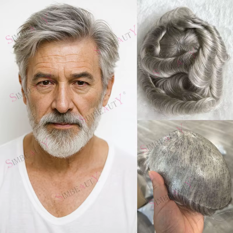 Prothèse capillaire naturelle en cheveux humains gris 1B80 pour homme, perruque de remplacement, pos
