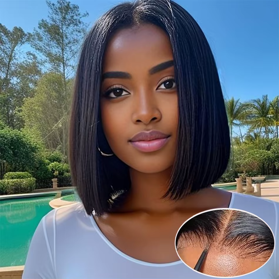 Perruque Bob Lace Frontal Wig brésilienne Remy, cheveux lisses, sans colle, 13x4, 4x4, pre-plucked, 