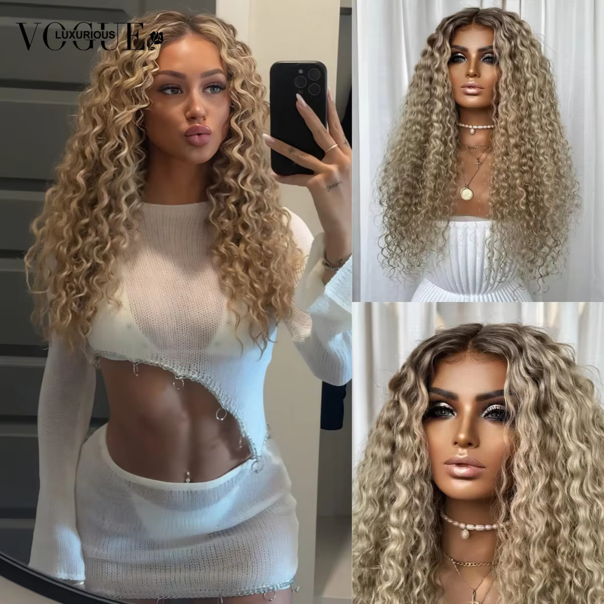 LUX VOGUE 260% frêne brume dorée crépus bouclés 100% perruque de cheveux vierges ombre de racine cas