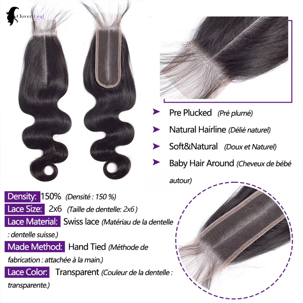 Paquets et fermeture de cheveux humains de vague de corps 2x6 fermeture de dentelle 26 pouces paquet