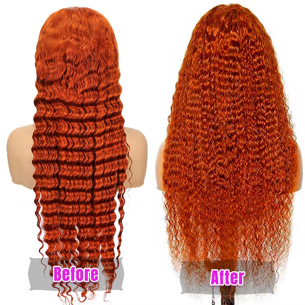 Perruques Lace Front 13x6 à boucles profondes couleur gingembre haute densité de 36 pouces # Perruqu