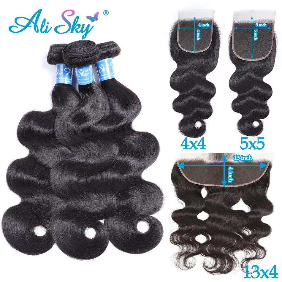 Cheveux Humains Ondulés Body Wave, 3 Bundles avec Closure en Dentelle Transparente 4x4 5x5, Frontal 